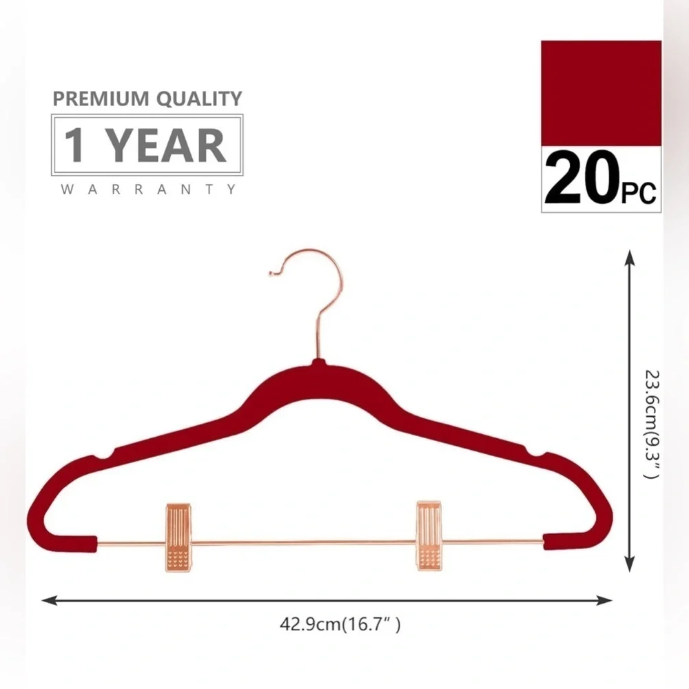 NEW Premium Space Saver Velvet Non-Slip Pants Hangers with Clips, 20 Red